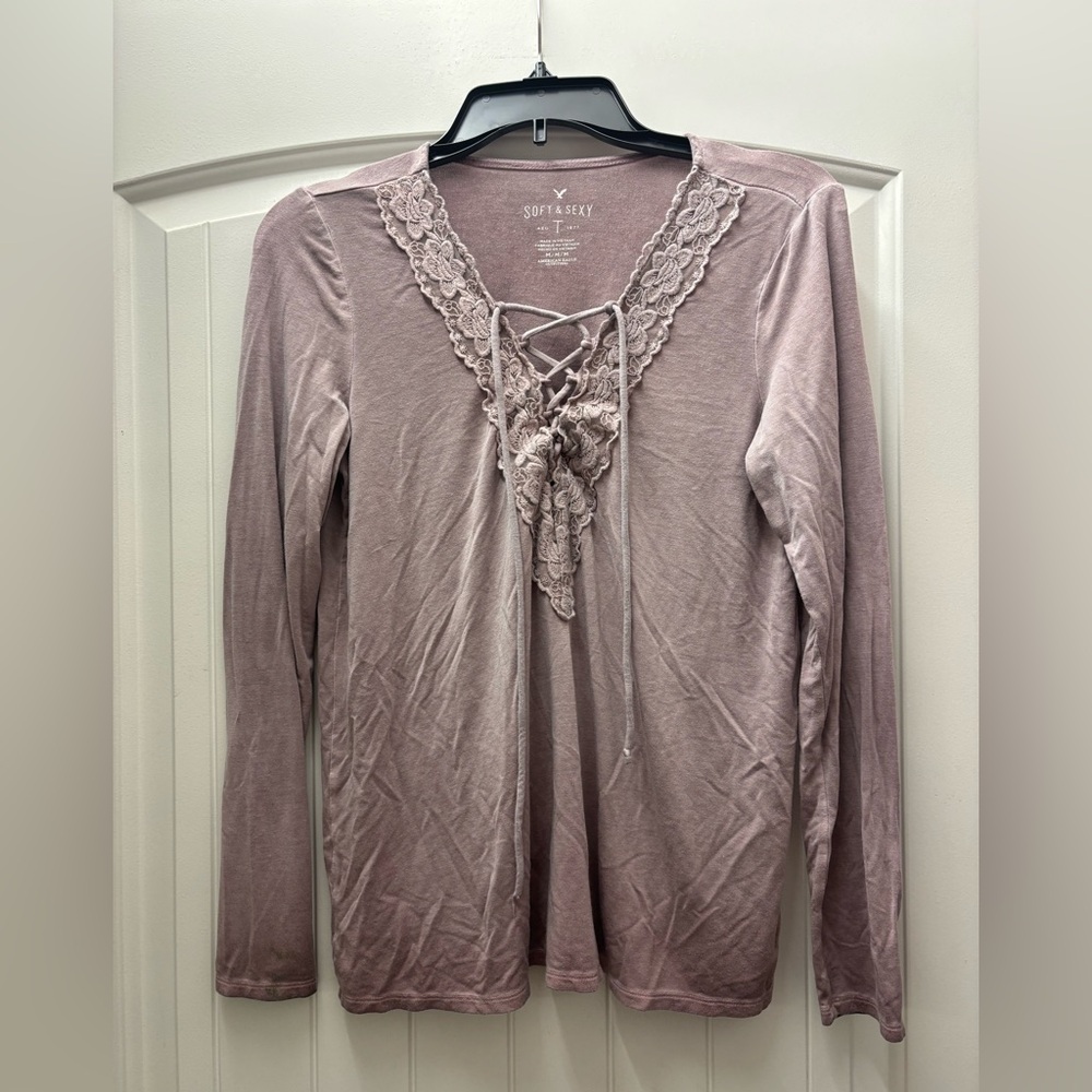 American Eagle Outfitters Soft & Sexy Lace-Up Top - Dusty Mauve